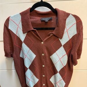 Zara Rust Brown Polo-Style Argyle Button Front Top